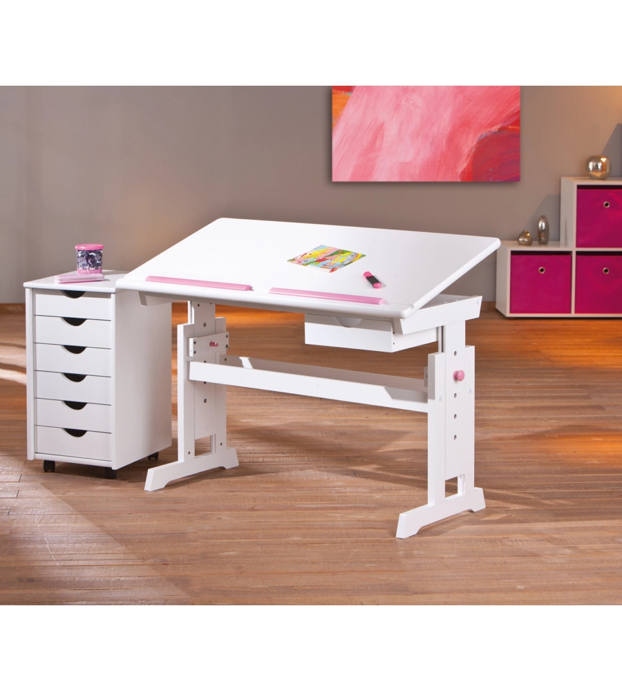 SCRIVANIA IN PINO MASSELLO FINITURA BIANCO ROSA/BLU . PIANO INCLINABILE E STRUTTURA REGOLABILE IN ALTEZZA. DIM. 109X55X64-90H. ARTICOLO IN KIT.